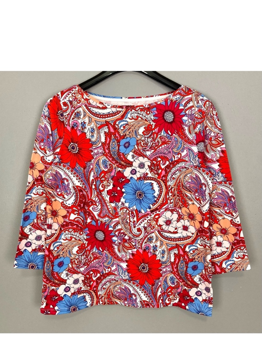 Talbots Floral Bateau Neck Top Women’s Size L Pima Cotton Knit Colorful Classic
